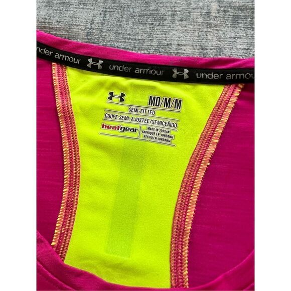 Under Armour Pink Neon Yellow Reflective Run Heatgear Short Sleeve Tee M - Picture 3 of 4